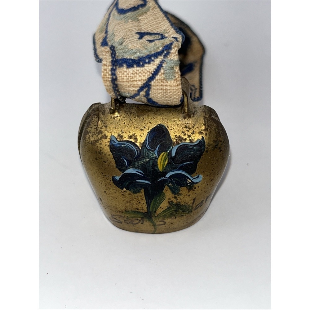 Vintage Cowbell Switzerland Brass Hand Painted‎ With Hand Embroidered Ribbon